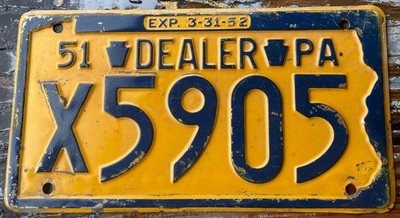 FAIRLY NICE  1951 PENNSYLVANIA DEALER LICENSE PLATE, X 5905, ORIGINAL PAINT