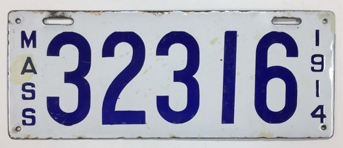 Massachusetts 1914 Porcelain License Plate 32316 Antique Garage Man Cave Sign