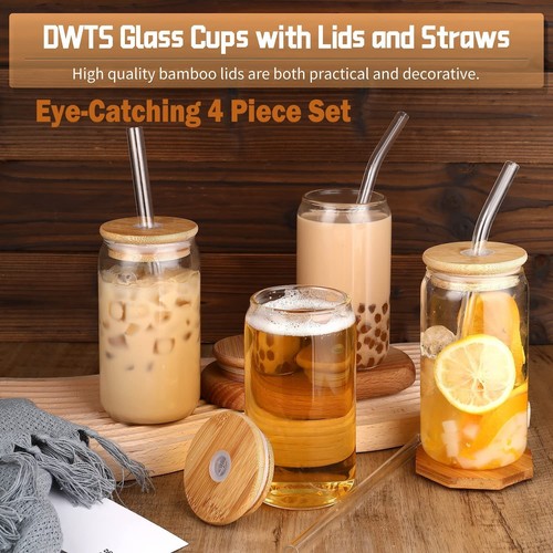 Glass Cups with Lids and Straws 4 pcs,16oz Drinking Glasses Set for Coffee Ba... - Picture 4 of 6