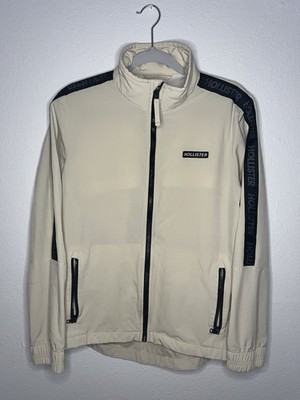 Hollister Epic Flex Men s Jacket Size Small Beige Cream Black Zip-Up Logo Sleeve