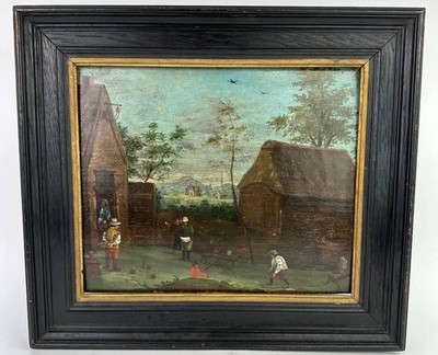 Antique 18thC Dutch Oil Painting Wood Panel Village Scene Manner of Teniers