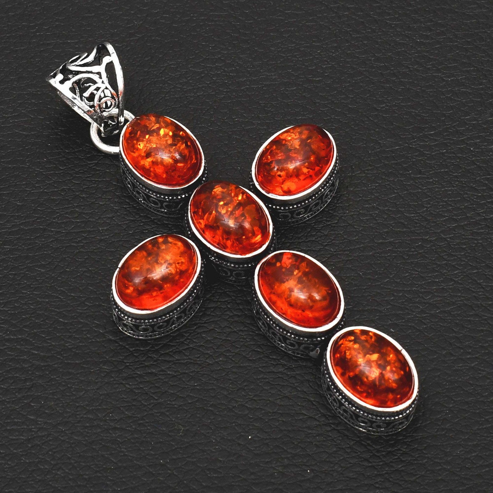 Amber Stone Handmade Ethnic Cross Pendant Jewelry Gift for Women 3.4 Inch AP-36314