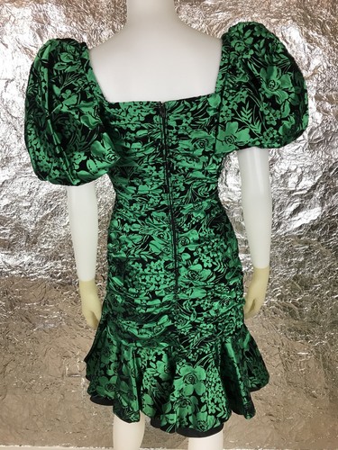 Women's Vintage 1980's Green & Black Brocade Satin Party Dress, Size S - Picture 8 of 9