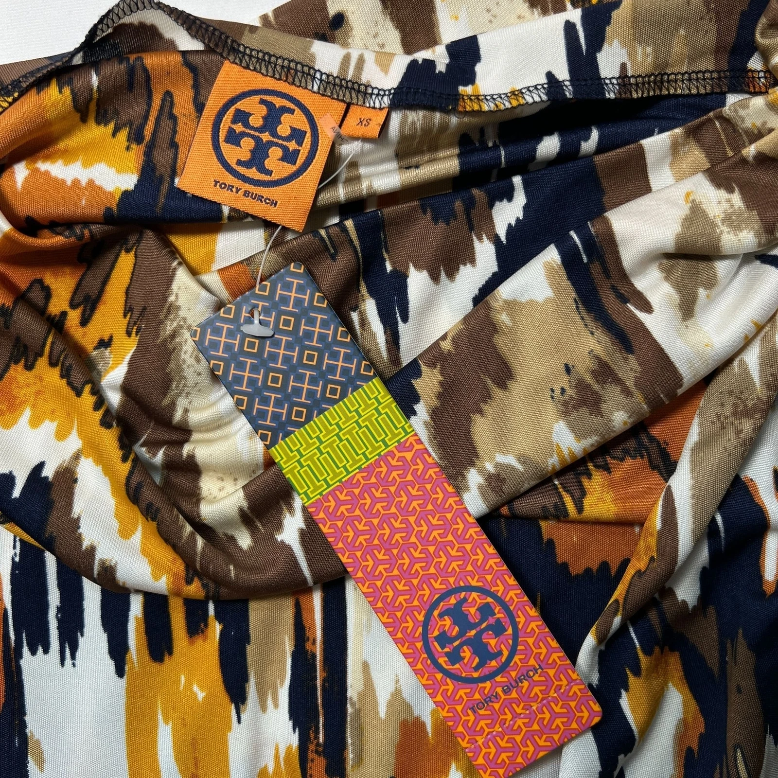 Abito nuovo con etichette Tory Burch Verde XS Matmi seta Ikat midi tubino resort collo cappuccio