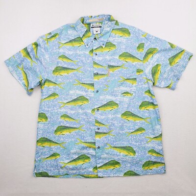 Columbia Shirt Mens Large Blue Green River Lodge Mahi Mahi Dolphin Tuna Allover