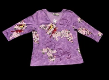 Collections Etc. Purple Bird Print V-Neck Long Sleeve Shirt ~ Large