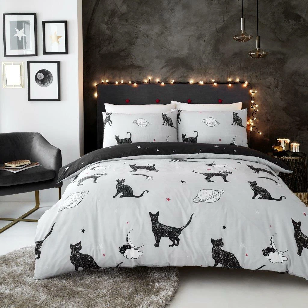 Astro Cat Grey Black Duvet Cover Bedding Set with Pillow Cases All Sizes