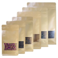 Assorted Size Kraft Paper Stand Up Reclosable Gusset Side Bag Pouch w/Window