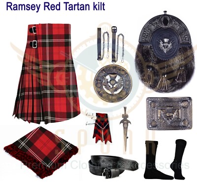 SCOTTISH MEN'S 8 YARD TARTAN KILT Handmade Highland Kilts & Antique Accessories