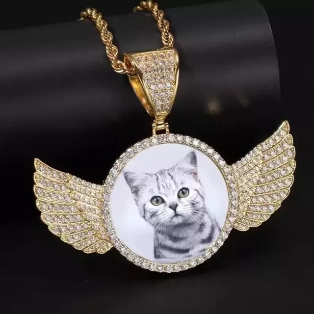 4Ct Round Cut Real Moissanite Wings Memory Photo Pendant 14K