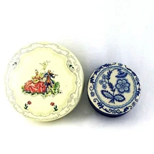 LOT Vtg DAHER Victorian Floral Tin Box and Fetco Needle Work Fabric Trinket Box*