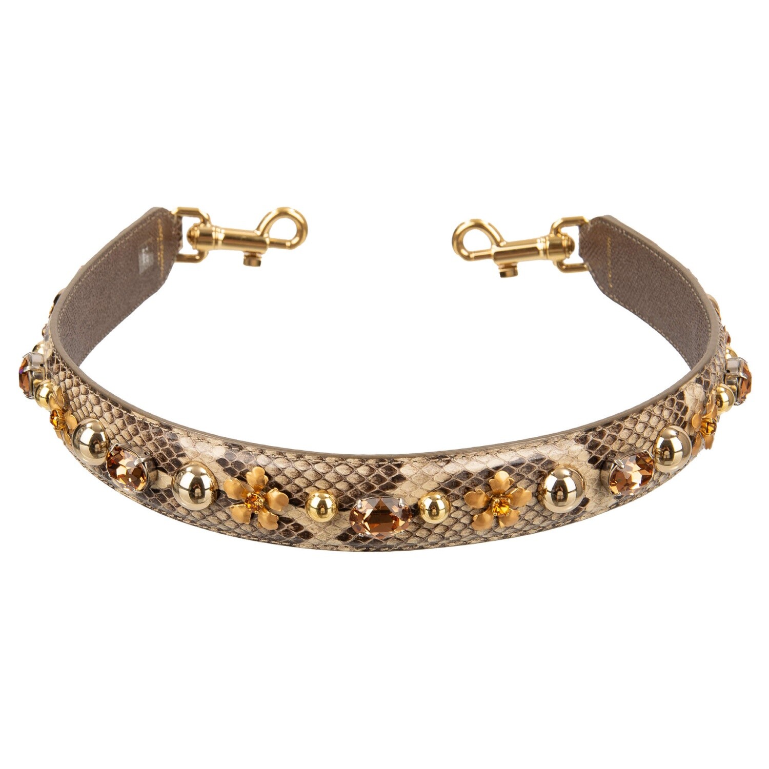 DOLCE & GABBANA Crystal Flower Studs Snake Leather Bag Strap Handle Beige 12802