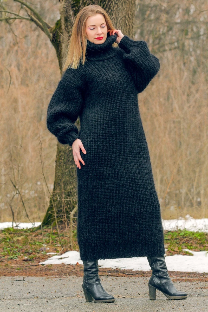 SuperTanya black mohair sweater dress thick fuzzy hand knit winter