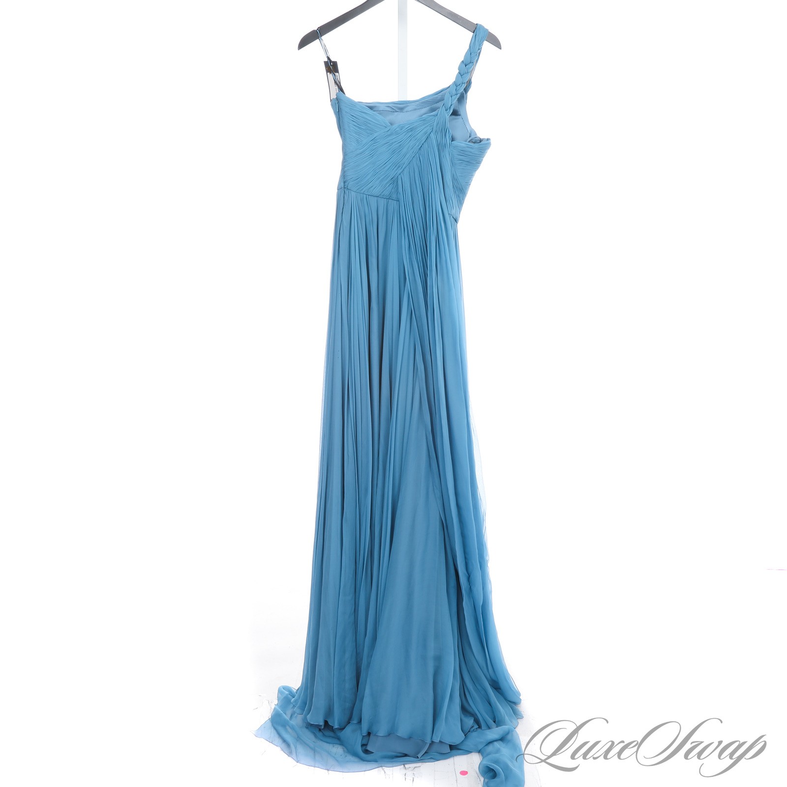 NWT Versace Made in Italy Peacock Blue Silk Chiffon Goddess Gown Runway Dress 40 image 5