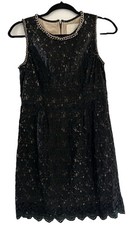 Anthropologie Champagne & Strawberry Black Lace Shift Dress Gold Chain M