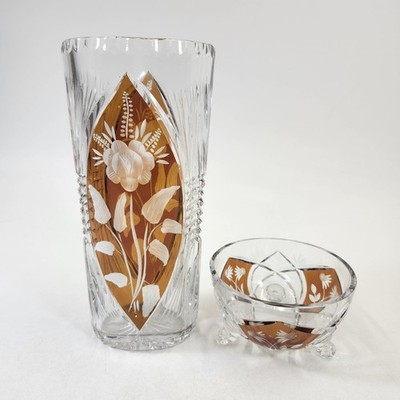 Julia Poland Amber Crystal Vase & Bowl Dish Cut to Clear Glass Vintage Lead