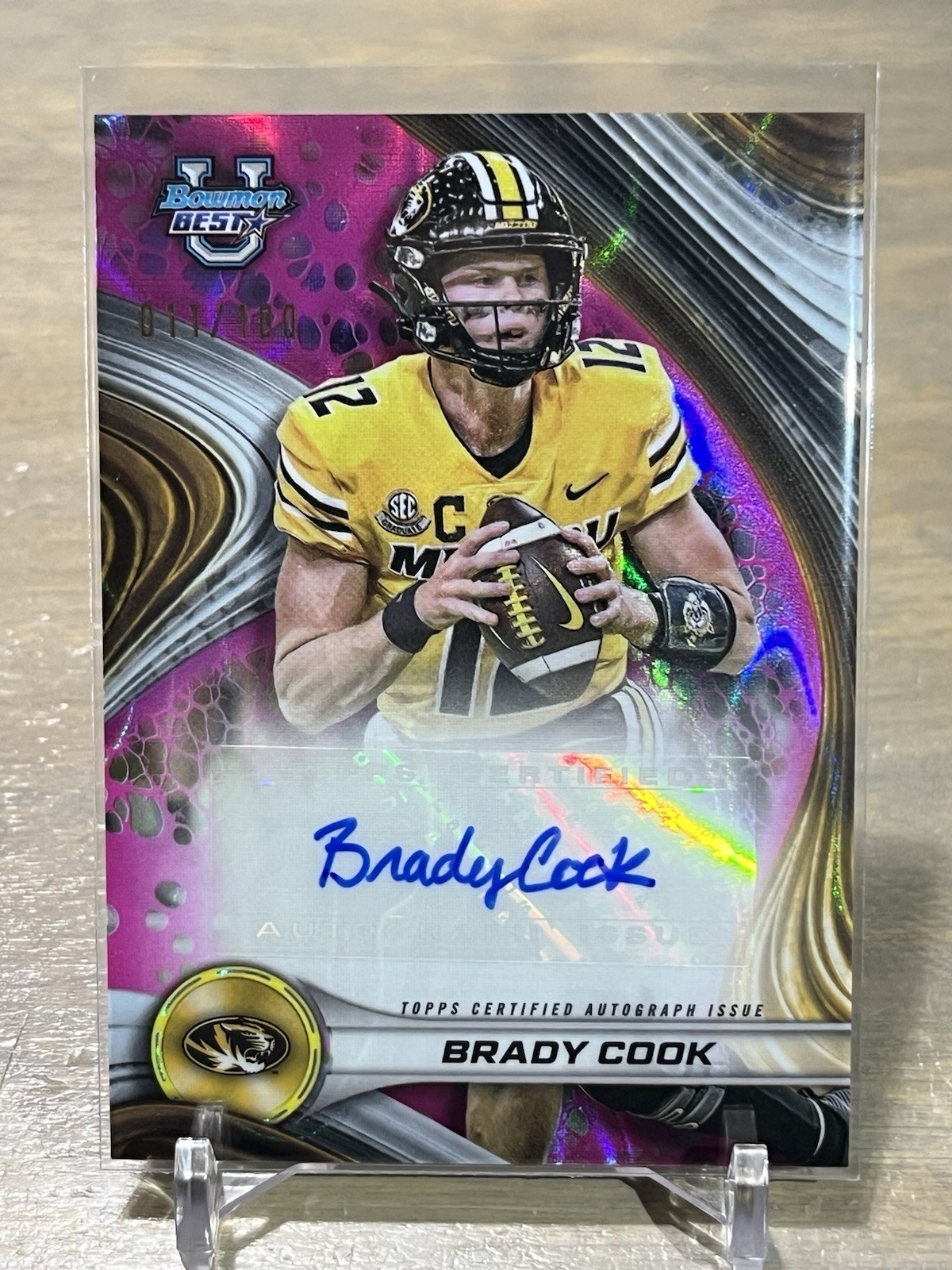2024 Bowman’s Best University Brady Cook Pink Lava Refractor Auto #/100 NY Jets