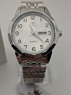 NIB Olevs Silver Tone Watch 9970G Day/Date Faceted Crystal 8.5'' Max New Battery