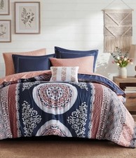 Full Size Comforter Set, 9 Pieces Boho Bed in a Bag w/ Sheets, Navy  Orange