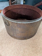 Vintage Woven Brass & Copper Hat Box / Storage Bin Red Interior & Ring Handles