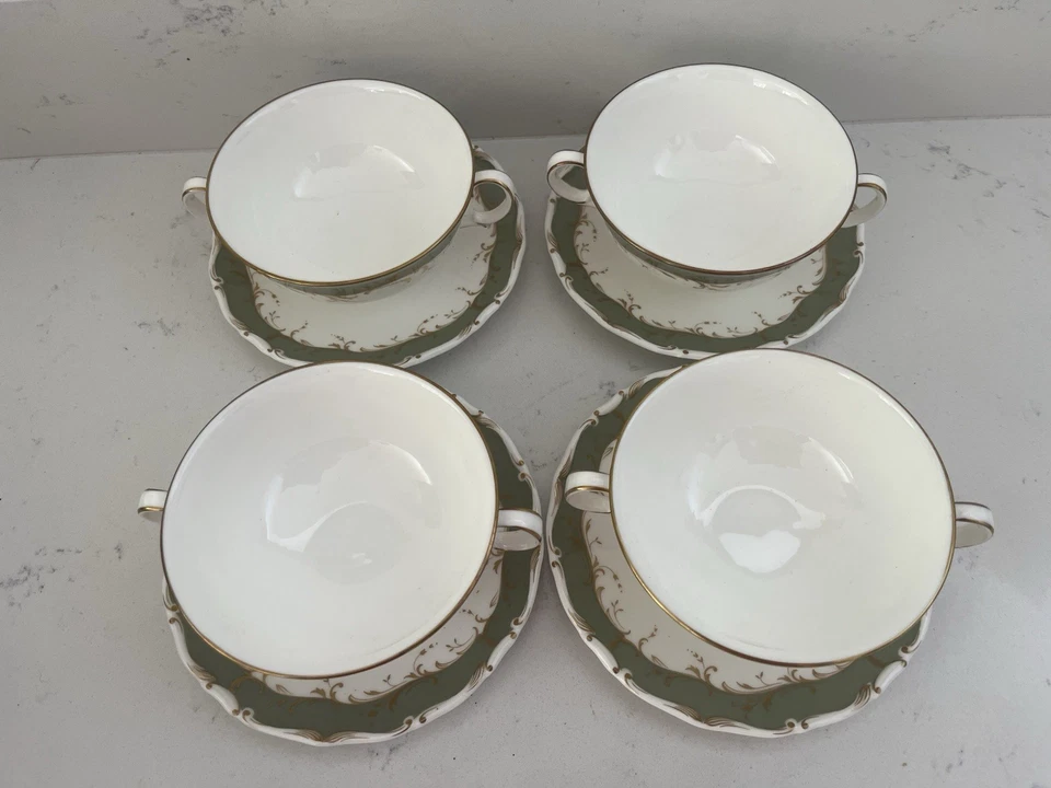 4 X Royal Doulton FONTAINEBLEAU Green Soup Cups Bowls And Saucers Two Handled - Image 2 of 4