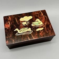 Japanese Lacquer Wood Mother of Pearl Inlaid Wading Ducks Trinket Box 4.25"