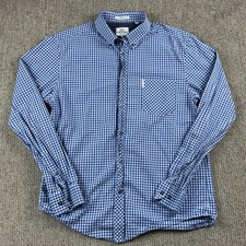 Ben Sherman Mens L Button Up Shirt Long Sleeve Blue Gingham Check 100 Cotton