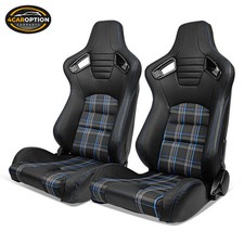 Pair Of Universal Racing Seats Dual Slider Pu Carbon Leather Blue Plaid