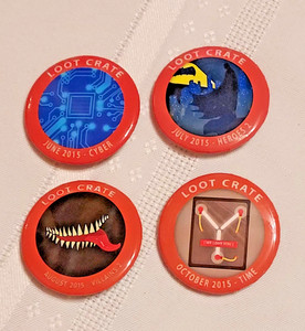 Loot Crate Pinback Lot of 4, 2015 Loot Crate Pinbacks, Cyber, Villains, Heroes