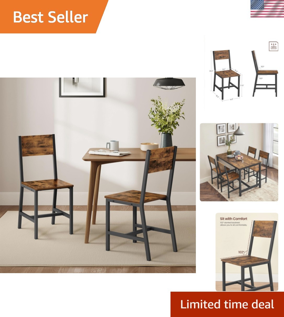 Set Of 2, Rustic Wood Chairs With Metal Steel Frame, Easy To