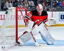 MacKenzie Blackwood New Jersey Devils Unsigned Red Jersey In Net Photo