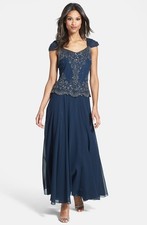 J Kara Beaded Cap Sleeve Chiffon Gown Sz 6 Navy