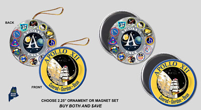 APOLLO 12 Christmas Ornament / Magnet Set - Collectible Logo Moon Landing NASA
