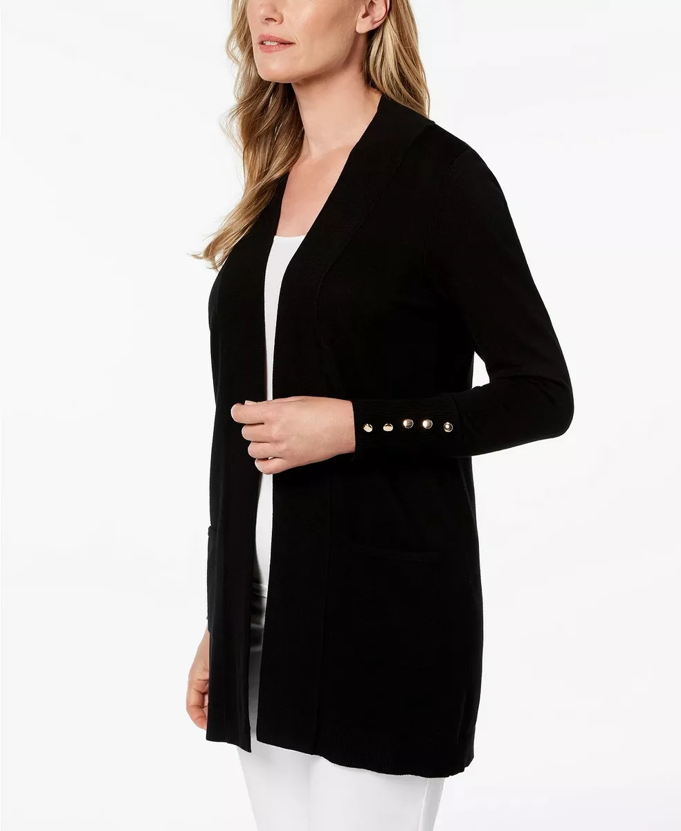 JM Collection Petite Open-Front Button-Sleeve Cardigan. Large. Deep Black