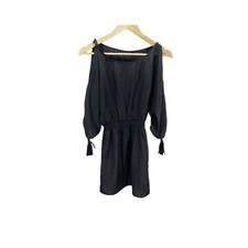 Guess Cold Shoulder Dress Womens XS Black Smocked Waist Tassel Boho Mini Dress