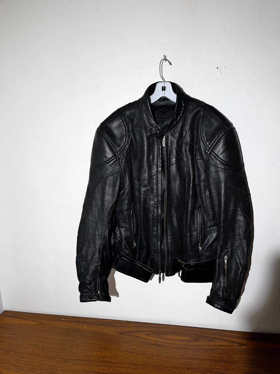 Teknic Mens Black Heavy Leather Motorcycle Jacket 50 60 Armored Vented Vintage