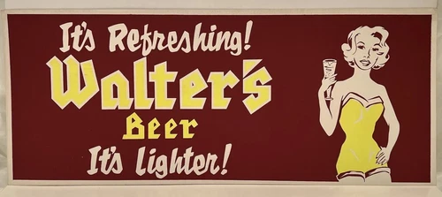 VINTAGE WALTER’S BEER LADY NEON YELLOW AND RED BACKGROUND CARDBOARD SIGN EUC