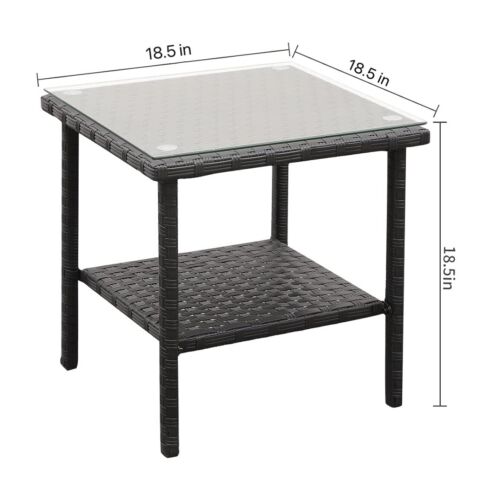 Outdoor Side Table, Black Patio Rattan Coffee Table with Glass Top Square Table - Picture 3 of 4