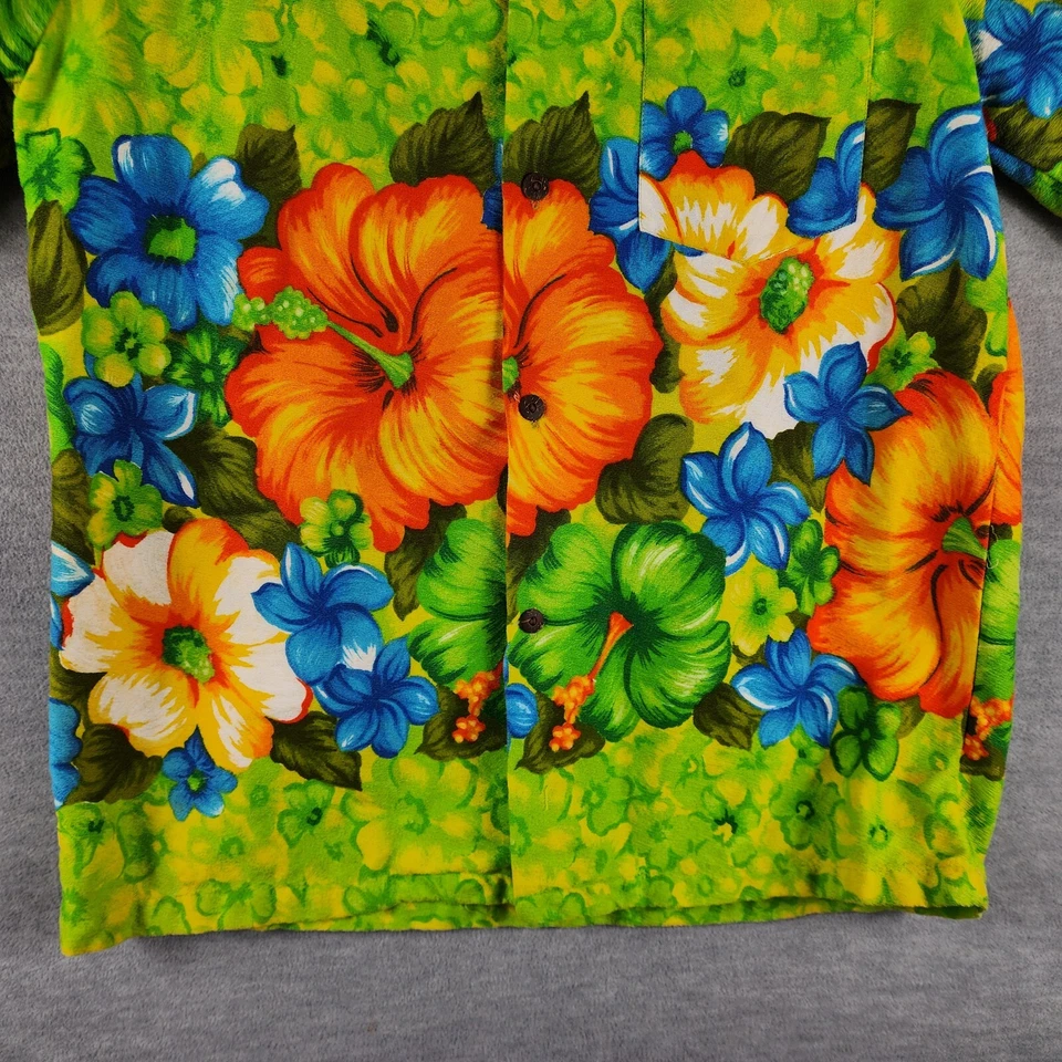 Sears Vintage Green Blue Orange Bright Floral Barkcloth Hawaiian Shirt M 70's - Image 4 of 4