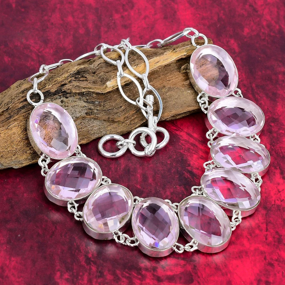 Faceted Pink Kunzite Gemstone Handmade 925 Solid Silver Jewelry Necklace For Her - Image 2 of 4