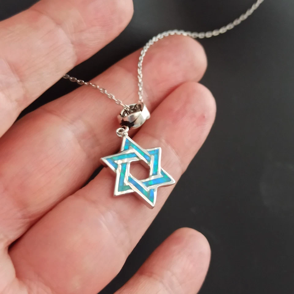 Collar Estrella de David de Plata Para Hombre Azul Ópalo Audaz Mujer Judaica Israel Regalo Foto 4 de 4