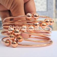 Brazaletes de cobre de oro rosa puro hechos a mano con bolas Indias Occidentales conjunto de 7 joyas S-3