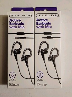 (Lot of 2) Infinitive Active Earbuds with In-Line Microphone, 3.5 mm AUX Jacks