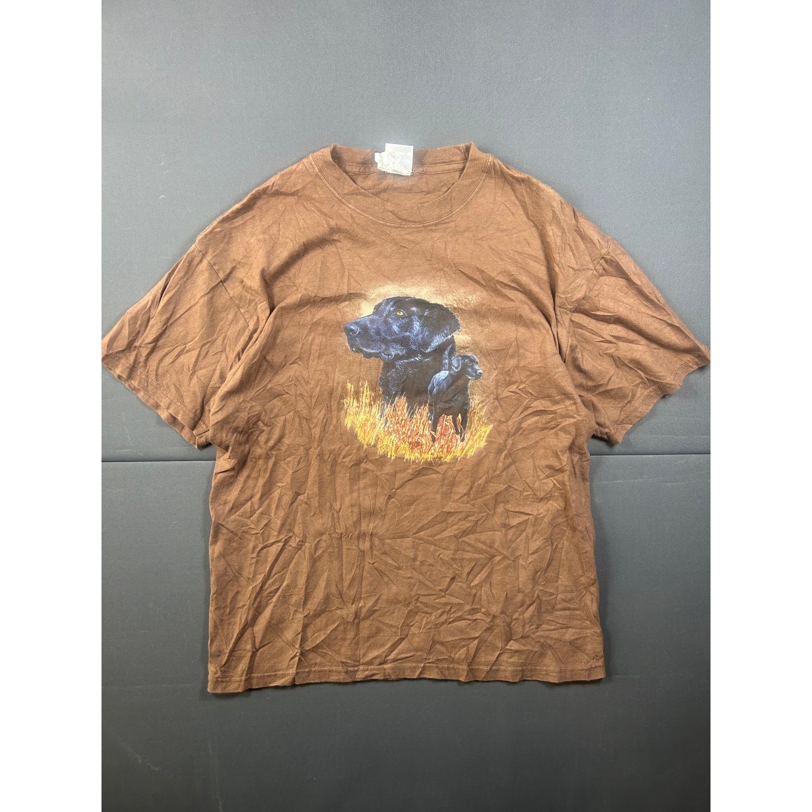 Hanes Black Labrador Dog T-Shirt Vintage Brown Graphic Realist Art Puppy Lab L
