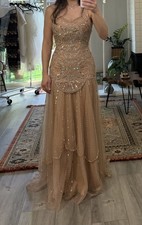 Beige Gold Embellished Formal Evening Gown Sleeveless Floor Length