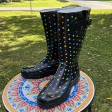 Western Chief Ditsy Dots Rain Boots Women’s 8 Black Multi Polka Dot Wellies Tall