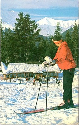 AK, Alaska  SKIERS~ALYESKA SKI AREA  Rustic Ski Lodge  ca1950's Skiing Postcard
