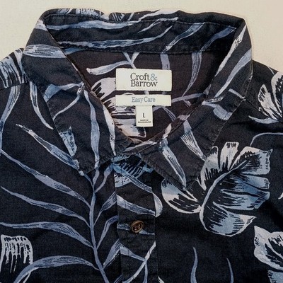 Croft & Barrow Hawaiian Shirt Men s L Blue Topical Leaf Short Sleeve Beach
