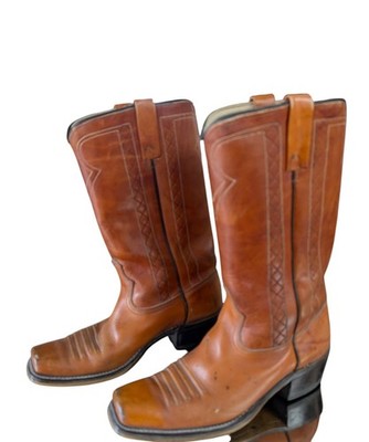 Men's Size 8.5E Vintage Acme Cowboy Boots Orange Brown Leather Western Stitching