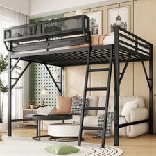 Full Size Loft Bed w Ladder, Metal Full Loft Bed w Storage Shelves High Loft Bed